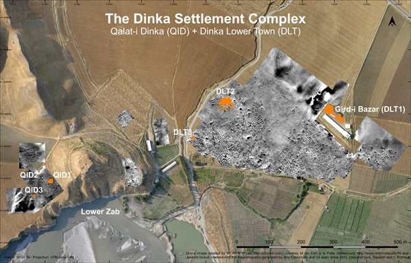 The Dinka Settlement Complex, overlaid with the magnetograms generated by Jörg Fassbinder and his team since 2015. Marked in orange, the operations Gird-i Bazar, DLT2, DLT3, QID1, QID2 and QID3. Detail of a drone image created by ICONEM (Paris; http://iconem.com), courtesy of Un Film à la Patte (Strasbourg; http://www.unfilmalapatte.fr) and Jessica Giraud. Prepared by Andrea Squitieri and Jens Rohde.